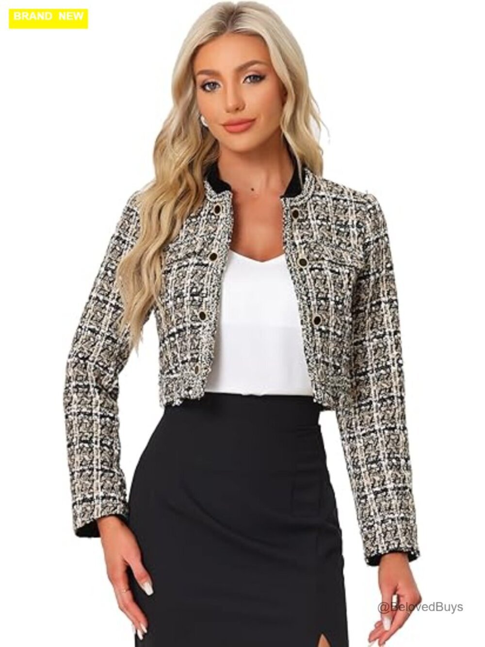 Tweed Plaid Cropped Blazer - Button Decor Open Front Dressy Casual Vintage